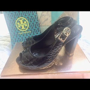 Tory Burch Black Patent Heels w Silver Hardware